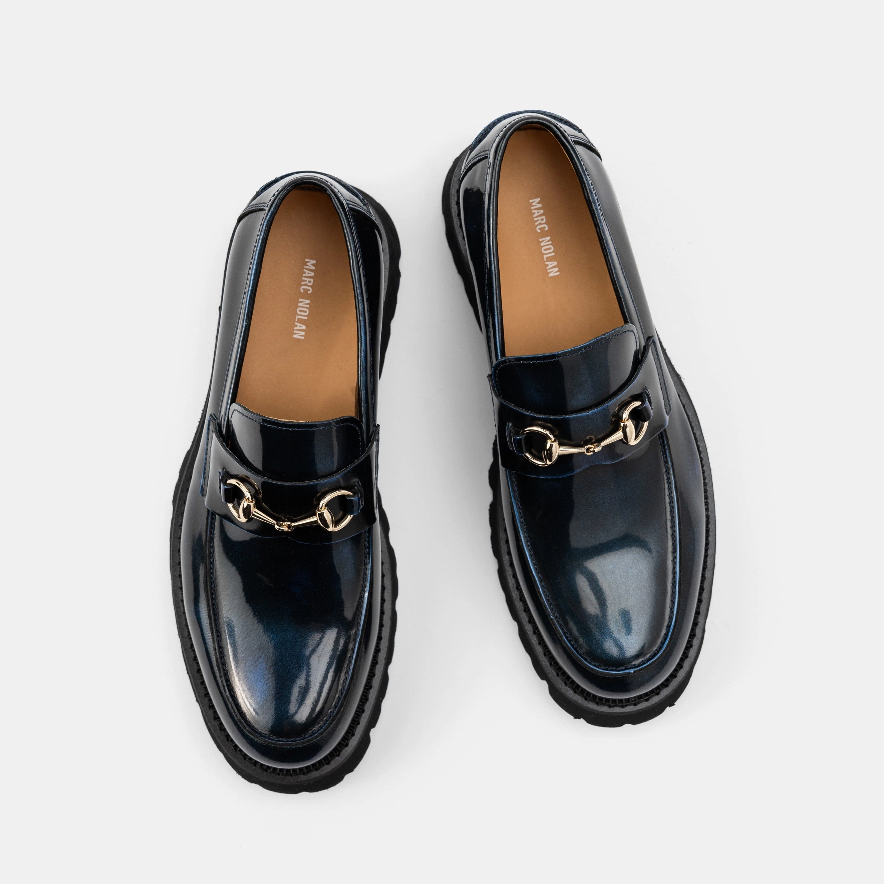 Versatile Design Blake Navy Patent Leather Lug Bit Loafers