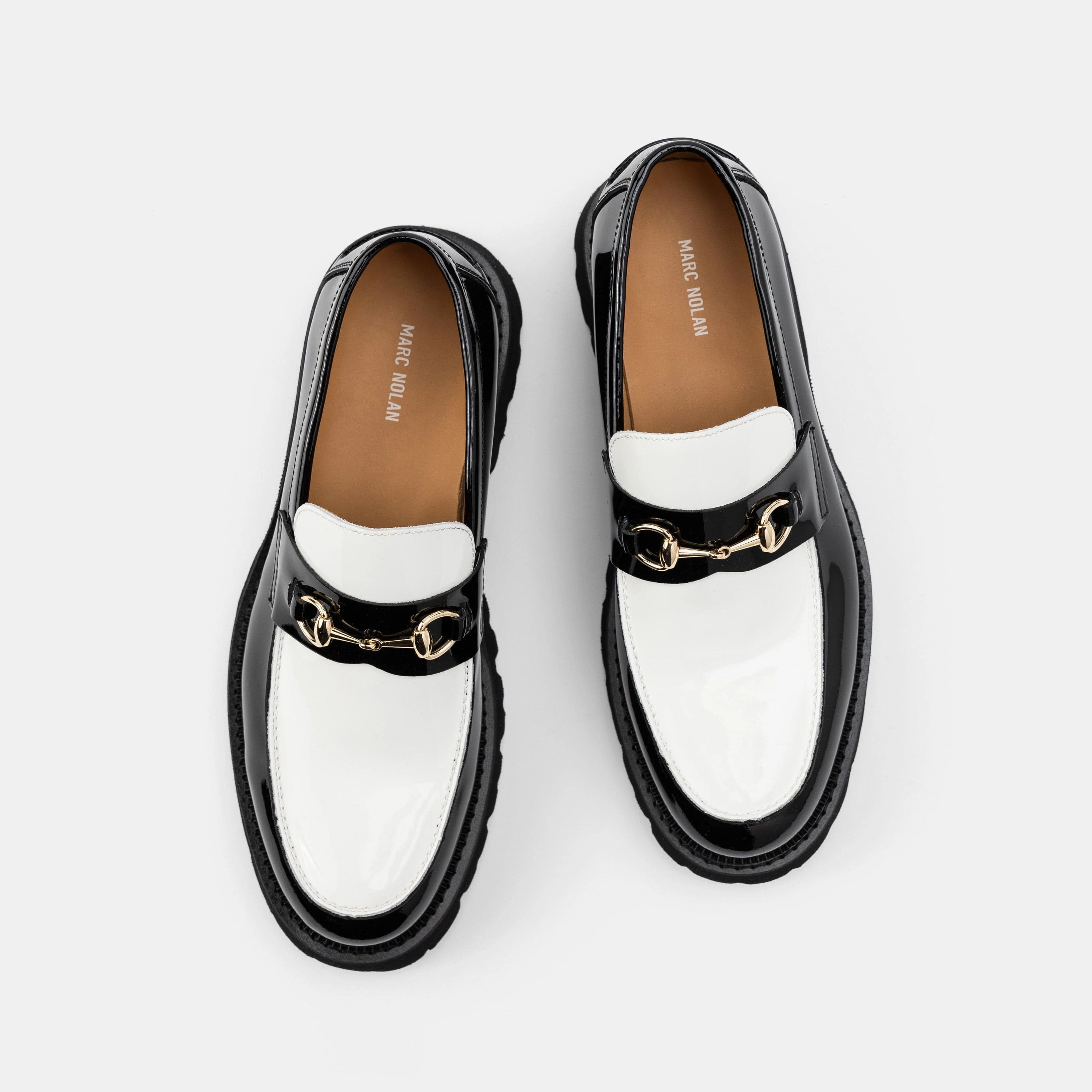Versatile Wear Blake Black/White Patent Leather Lug Bit Loafers