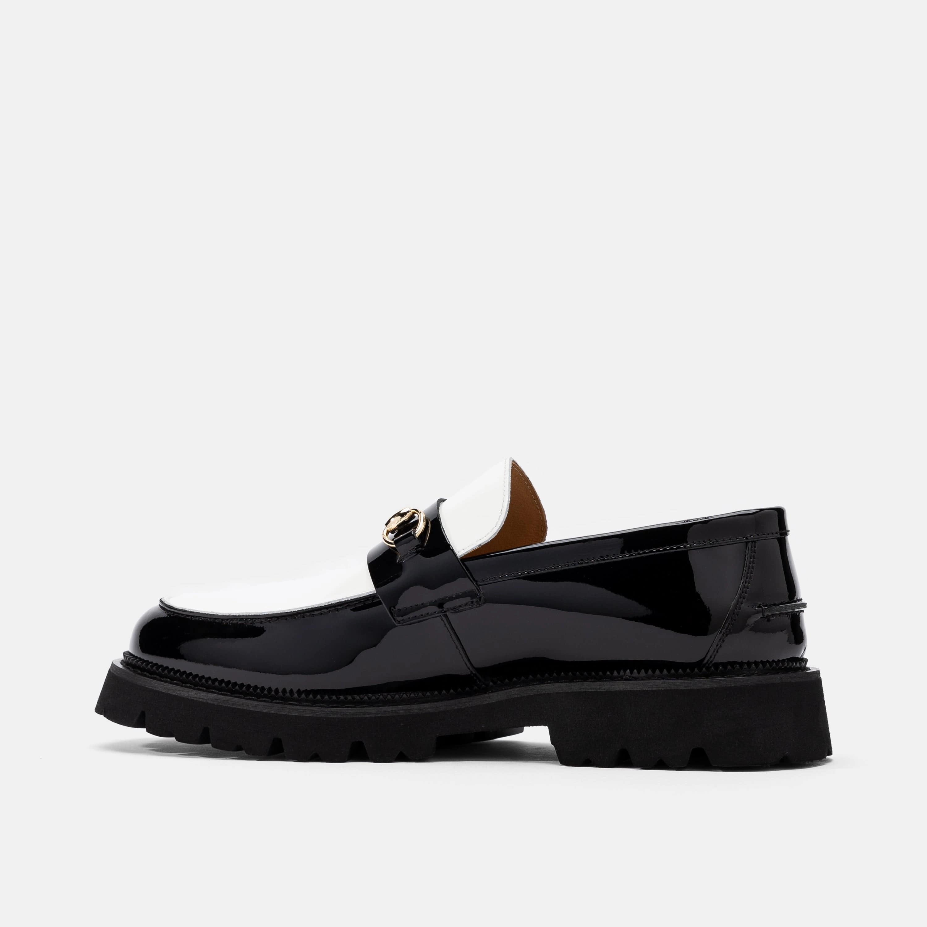 Versatile Wear Blake Black/White Patent Leather Lug Bit Loafers