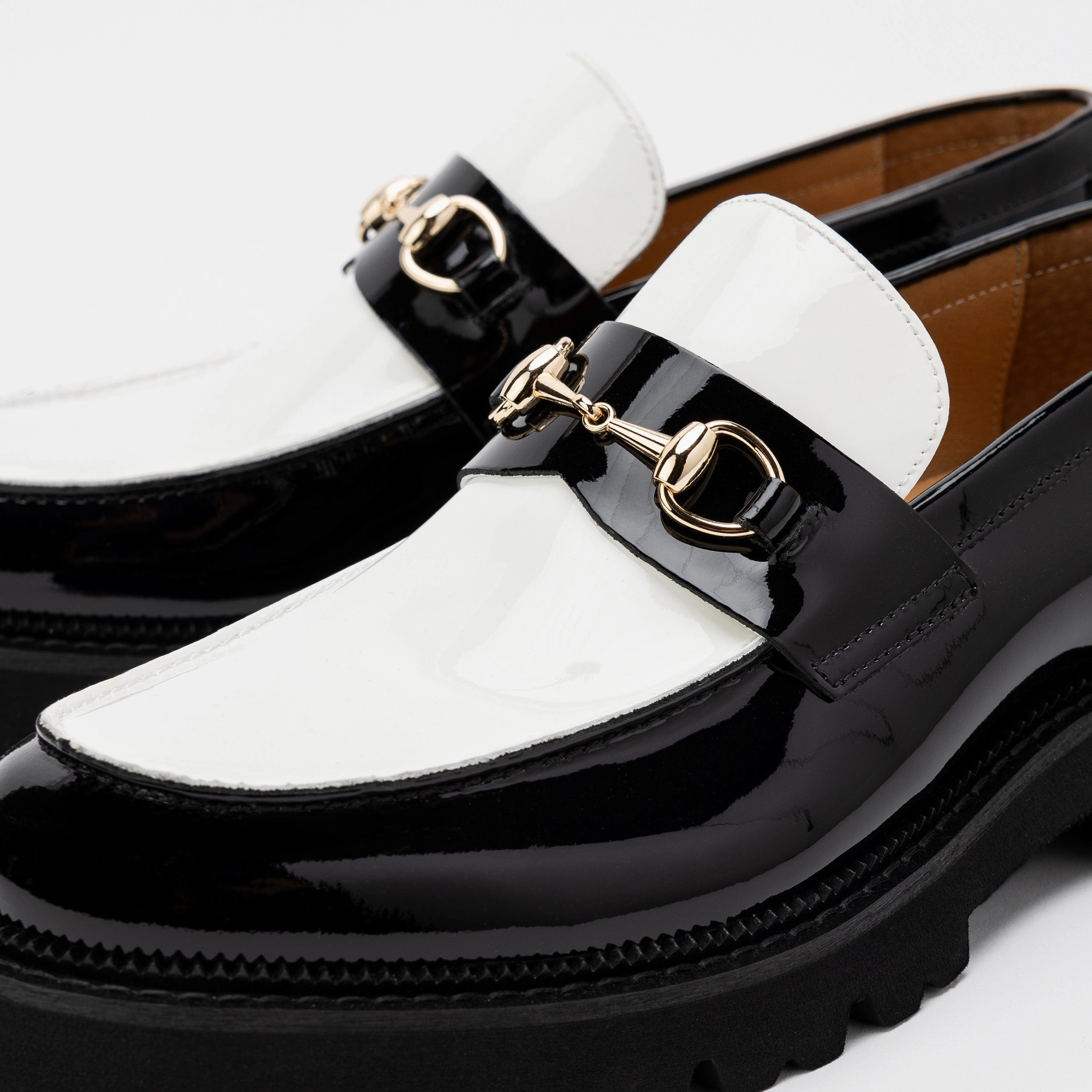 Versatile Wear Blake Black/White Patent Leather Lug Bit Loafers