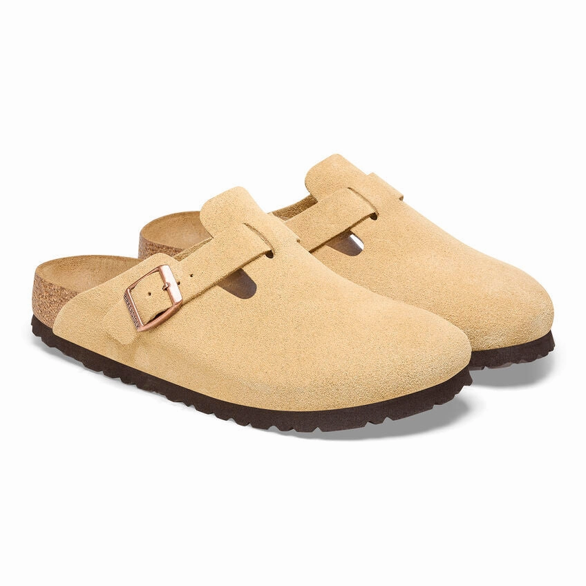 Women's Boston Narrow Latte Cream Suede Flexible Step-On Glide Comfort Layer