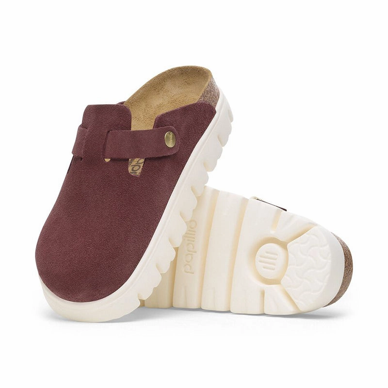 Women's Papillio by Birkenstock Boston Narrow Chunky Berry Crush Suede Soft Motion Comfort