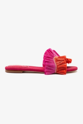 Ivy Fringe Flat In Pink and Orange Raffia Relaxed Style