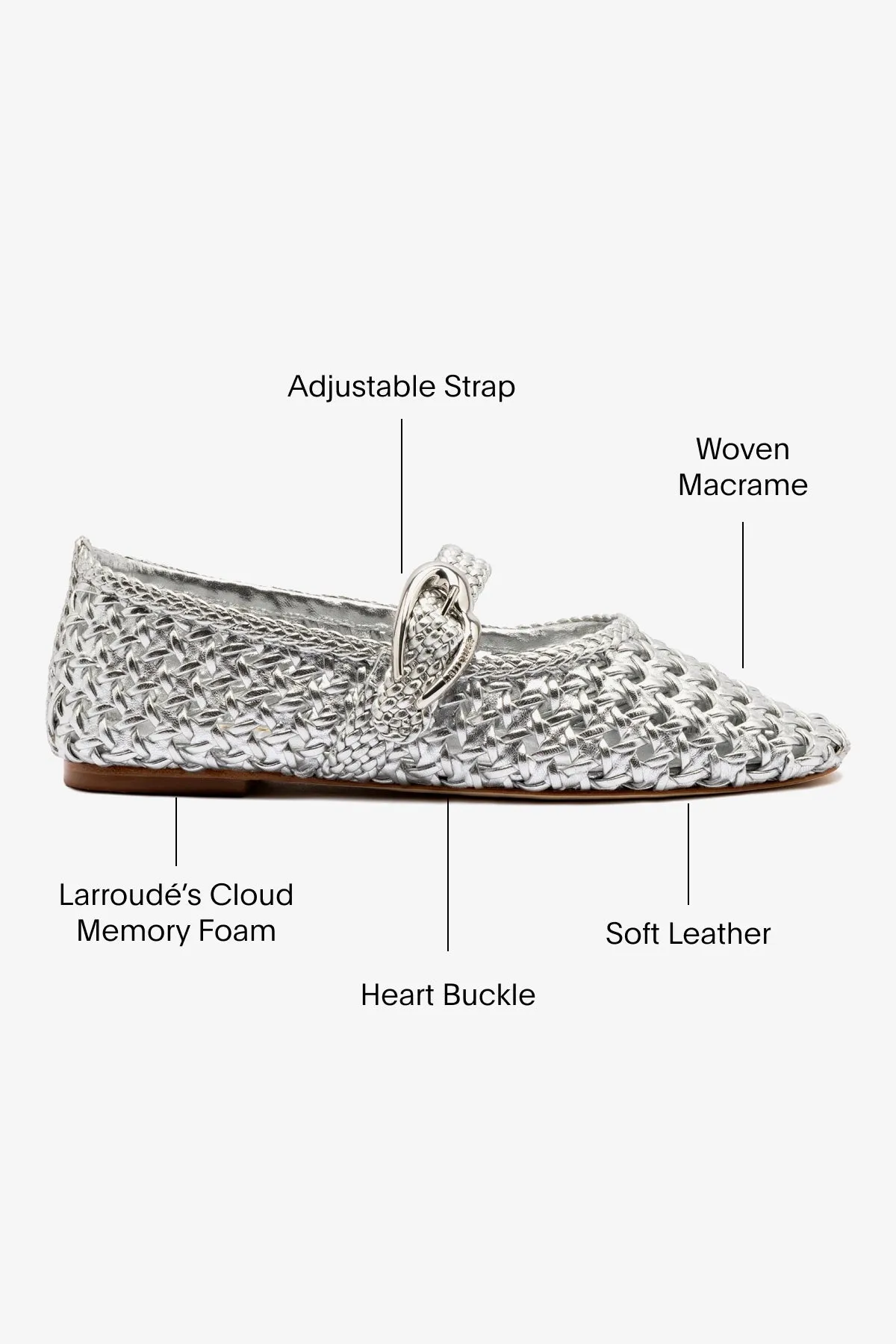 Workhorse Shoe Verona Macrame Ballet Flat In SIlver Metallic Leather