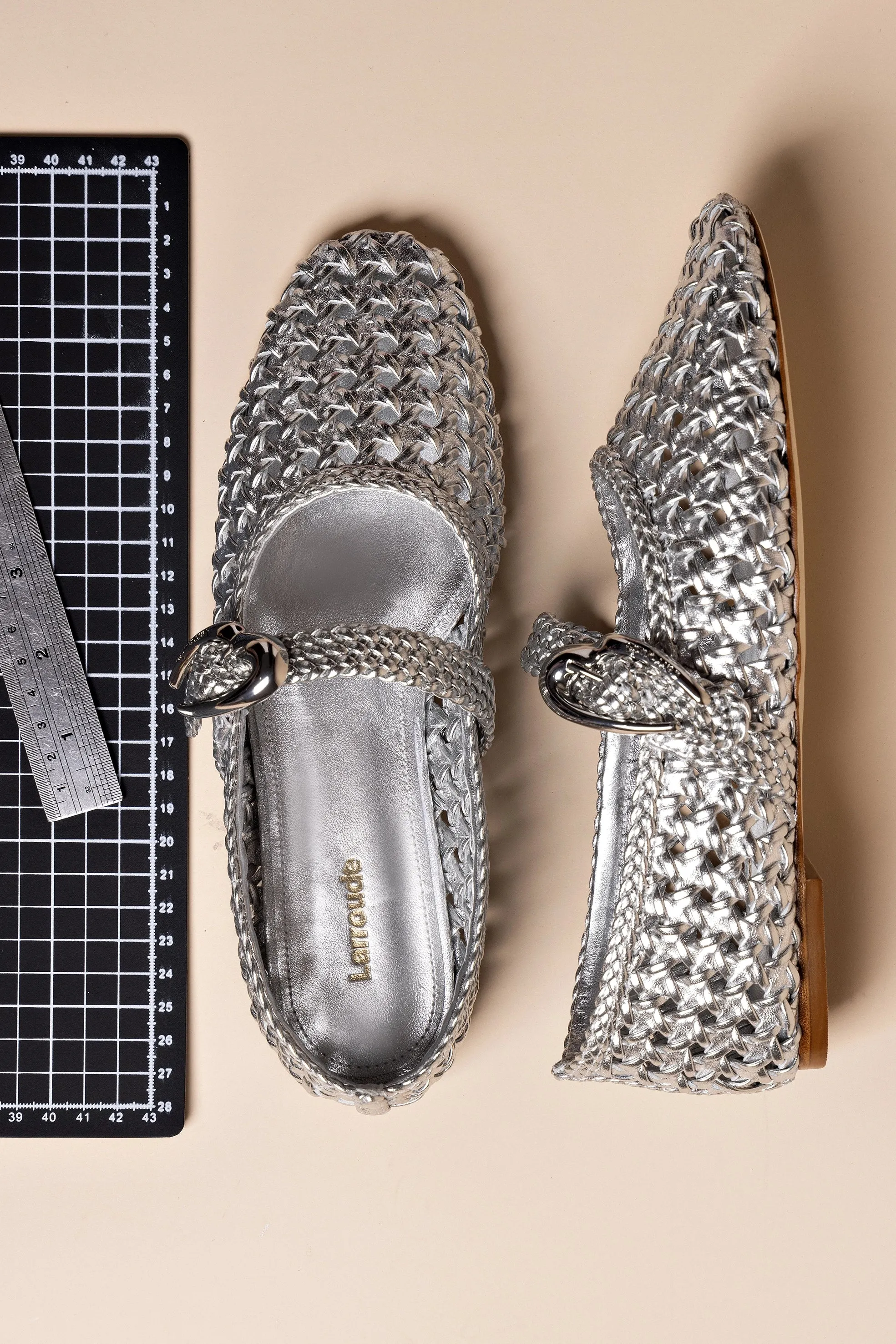 Workhorse Shoe Verona Macrame Ballet Flat In SIlver Metallic Leather